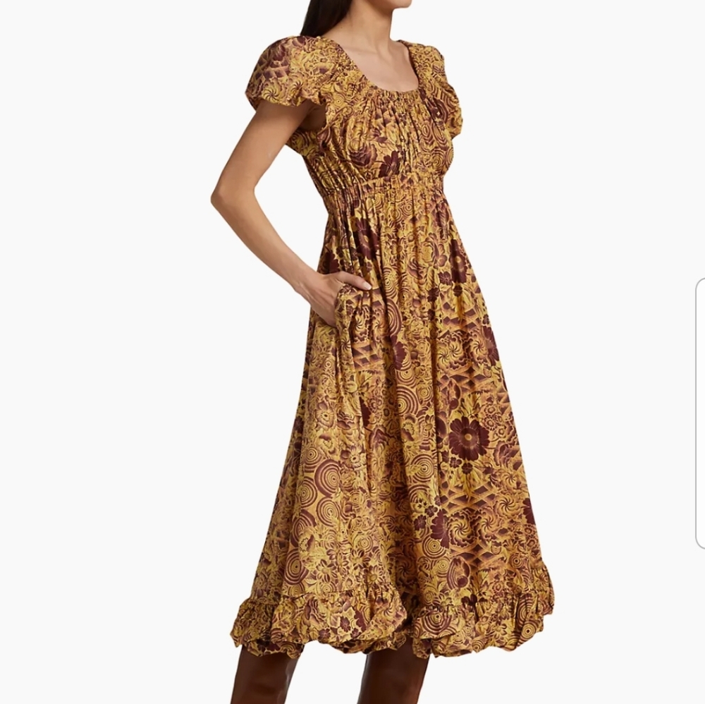 Ulla Johnson Printed Cotton Midi Dress Boho Prairie Romantic Artisan Smocked - Picture 4 of 14